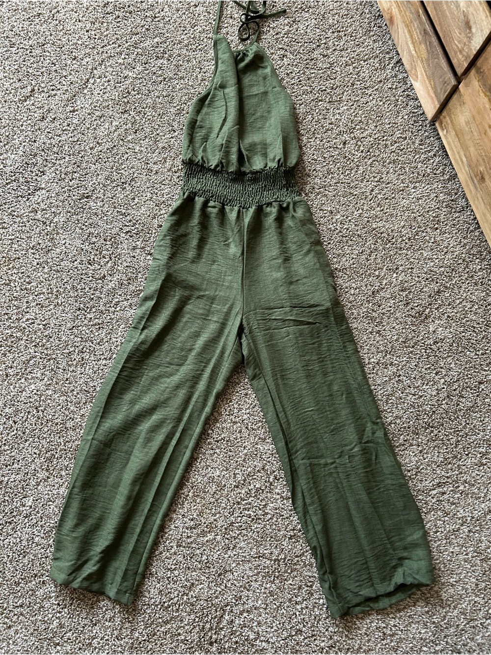 SHEIN Olive Green Halter Wide-Leg Jumpsuit with Smocked Waist - Picture 6 of 6